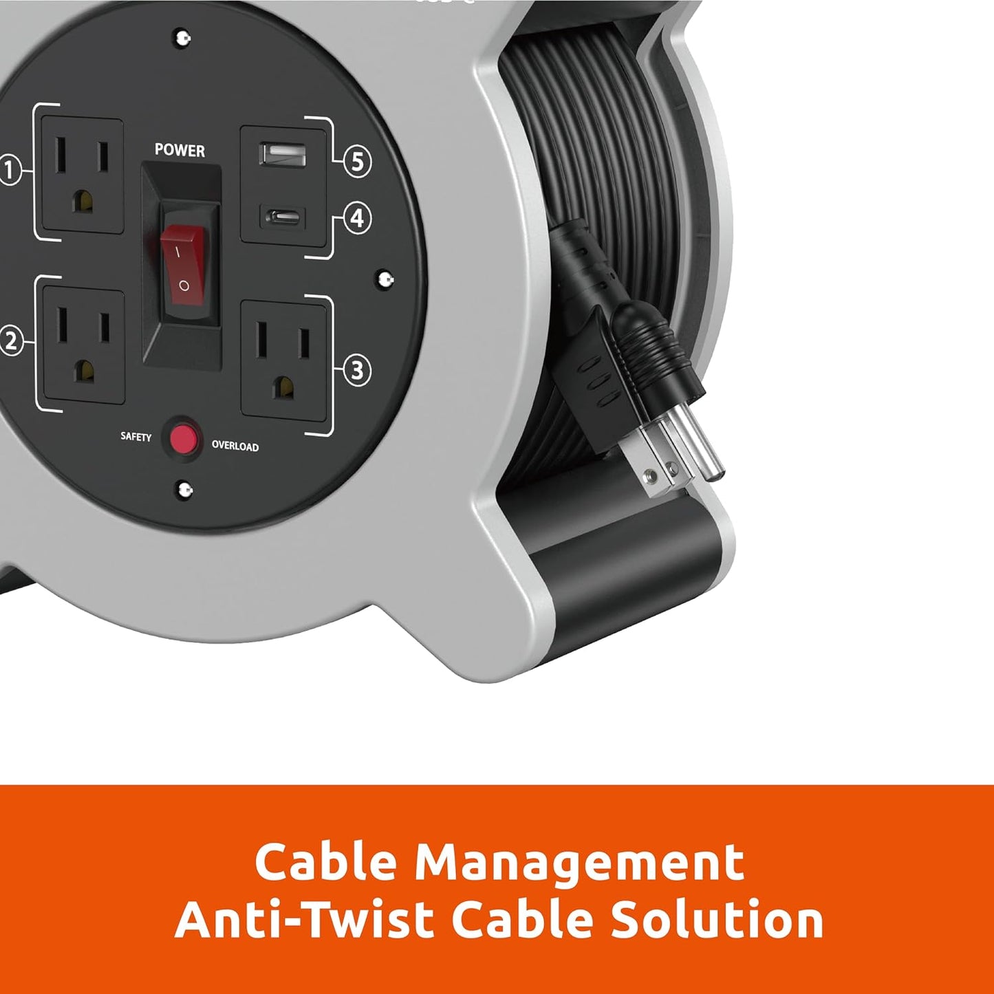 Link2Home 30 Ft. Extension Cord Reel, 3 Outlets, 2 USB Ports | 16 AWG SJT cable, 2.4A fast-charge USB ports, compact reel storage