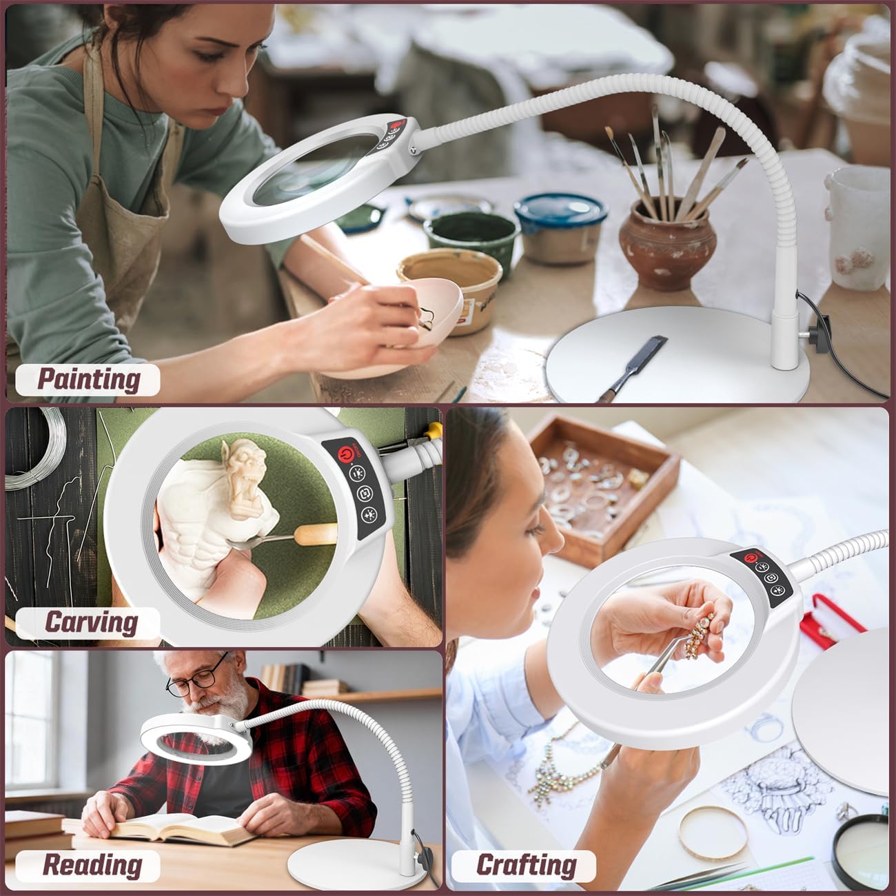 10X Magnifying Glass with Light and Stand, 16.5in Flexible Goose-Neck, 5 Color Modes Stepless Dimmable LED Lighted Desk Lamp, Hands Free Magnifier for Crafting Hobby Painting Close Work - White