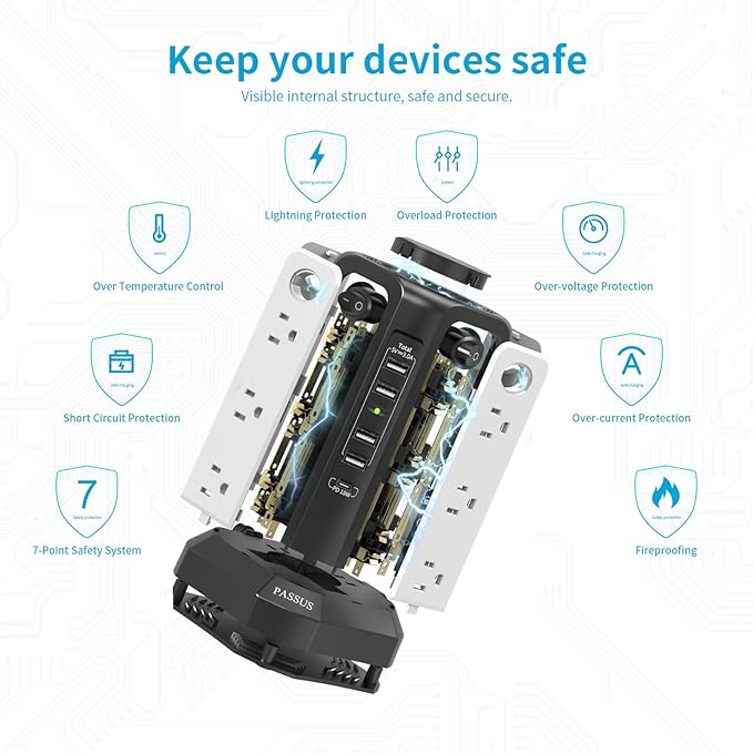 10FT Extension Cord with Multiple Outlets|PASSUS Surge Protector Power Strip - Image 7