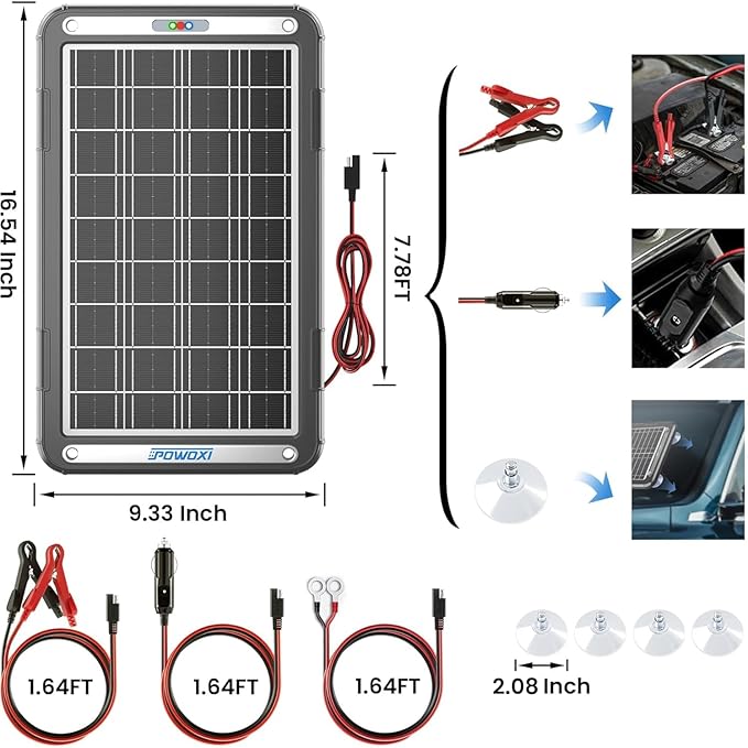 POWOXI 12V Solar Car Battery Charger: 15W Solar Trickle Charger Maintainer - Image 9