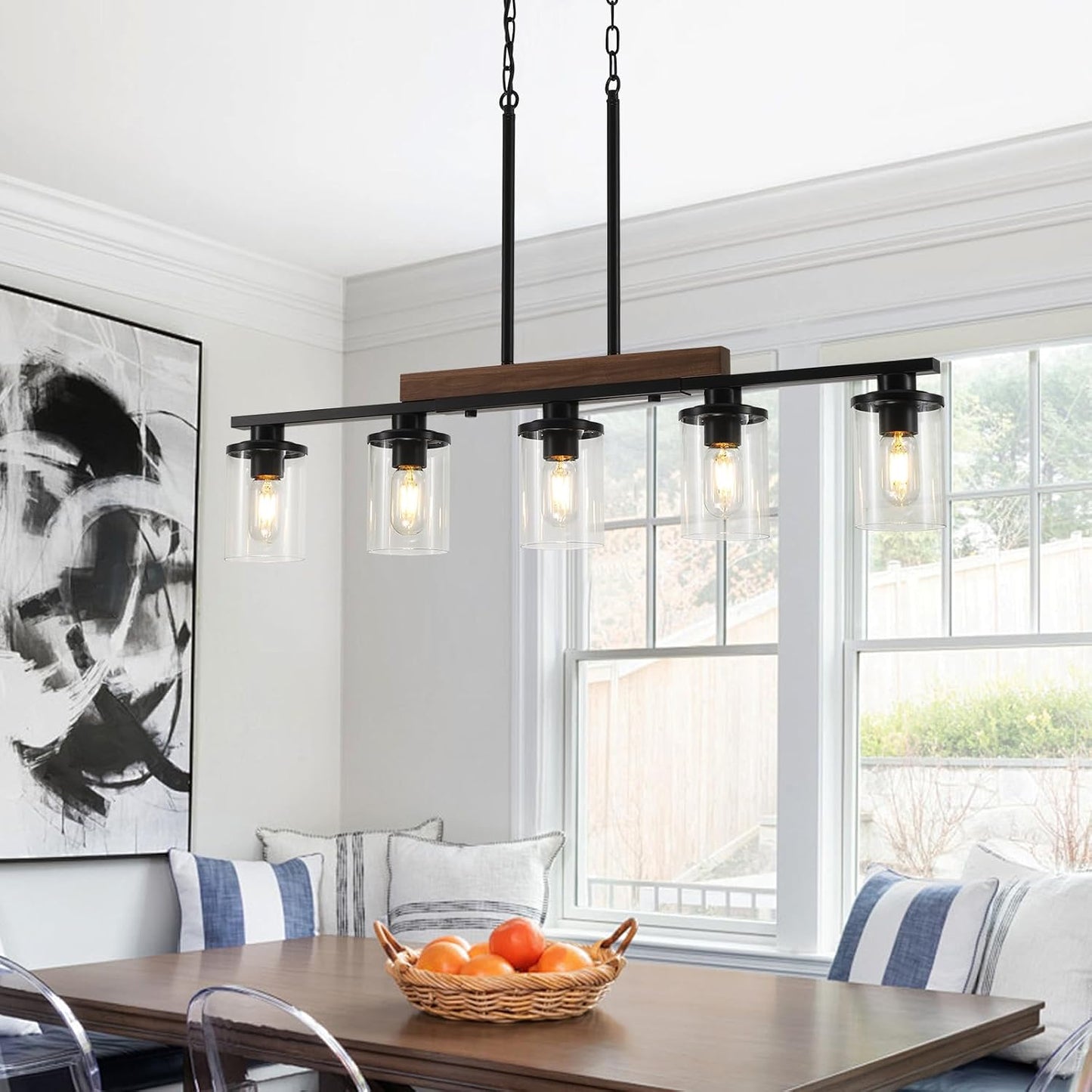 36.2‘’ Kitchen Lighting, 5-Light Dining Room Light Fixture Chandelier Over Table, Black Modern Rustic Wood Ceiling Pendant Light Fixtures, with Clear Glass Shade, Farmhouse Chandelier | 5‑Light Matte Black Pendant Lights,Wood Rustic Linear Kitchen Island