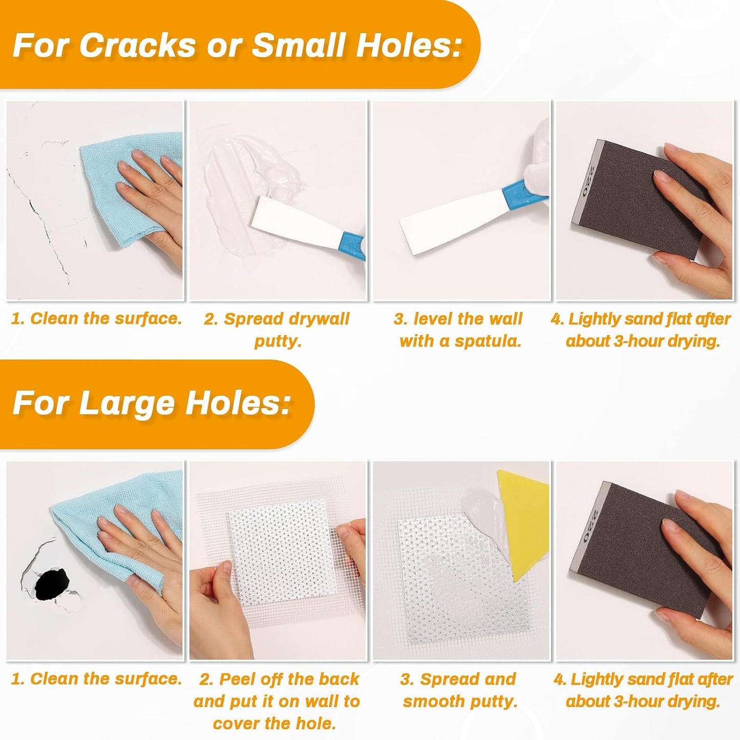 Drywall Repair Kit, Wall Surface Hole Patch Repair Kits with 12OZ White Putty Hole Filler, Fix Wall Surface and Creak Damage with Scraper, Sanding Pad Fill Quick and Easy Solution