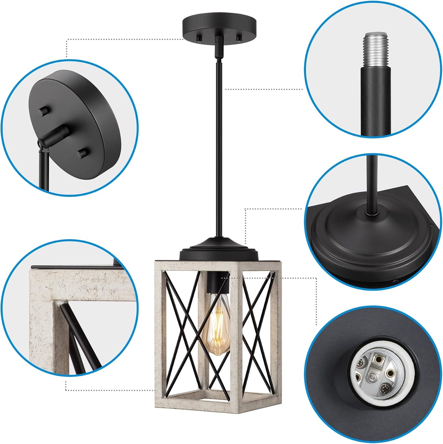 DEWENWILS Pendant Light, Metal Pendant Light Fixtures with Wooden Grain Finish, 48" Adjustable Pipes for Flat and Slop Ceiling, Hanging Ceiling Lamp for Kitchen, Living Room, Bedroom, E26 Base