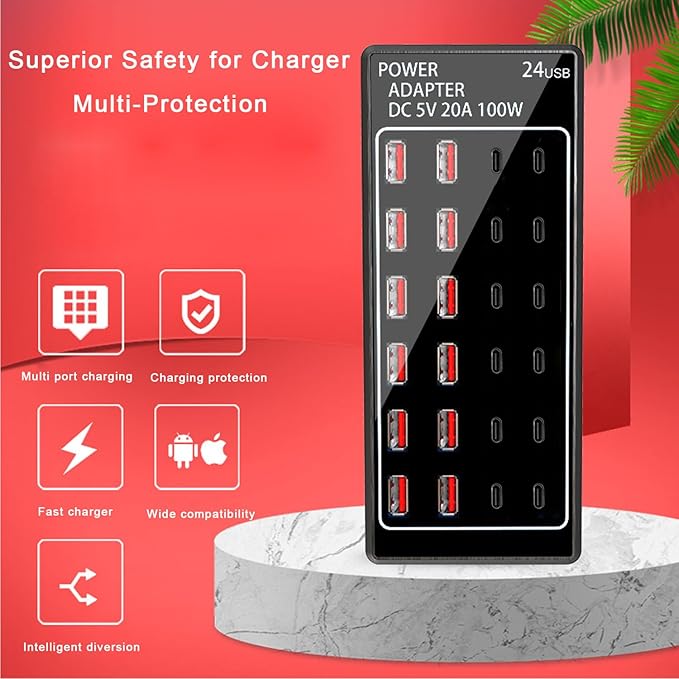 USB Charger Station, C Charging Block, 100W 24 Port Multiple USBCharger Desktop - Image 9