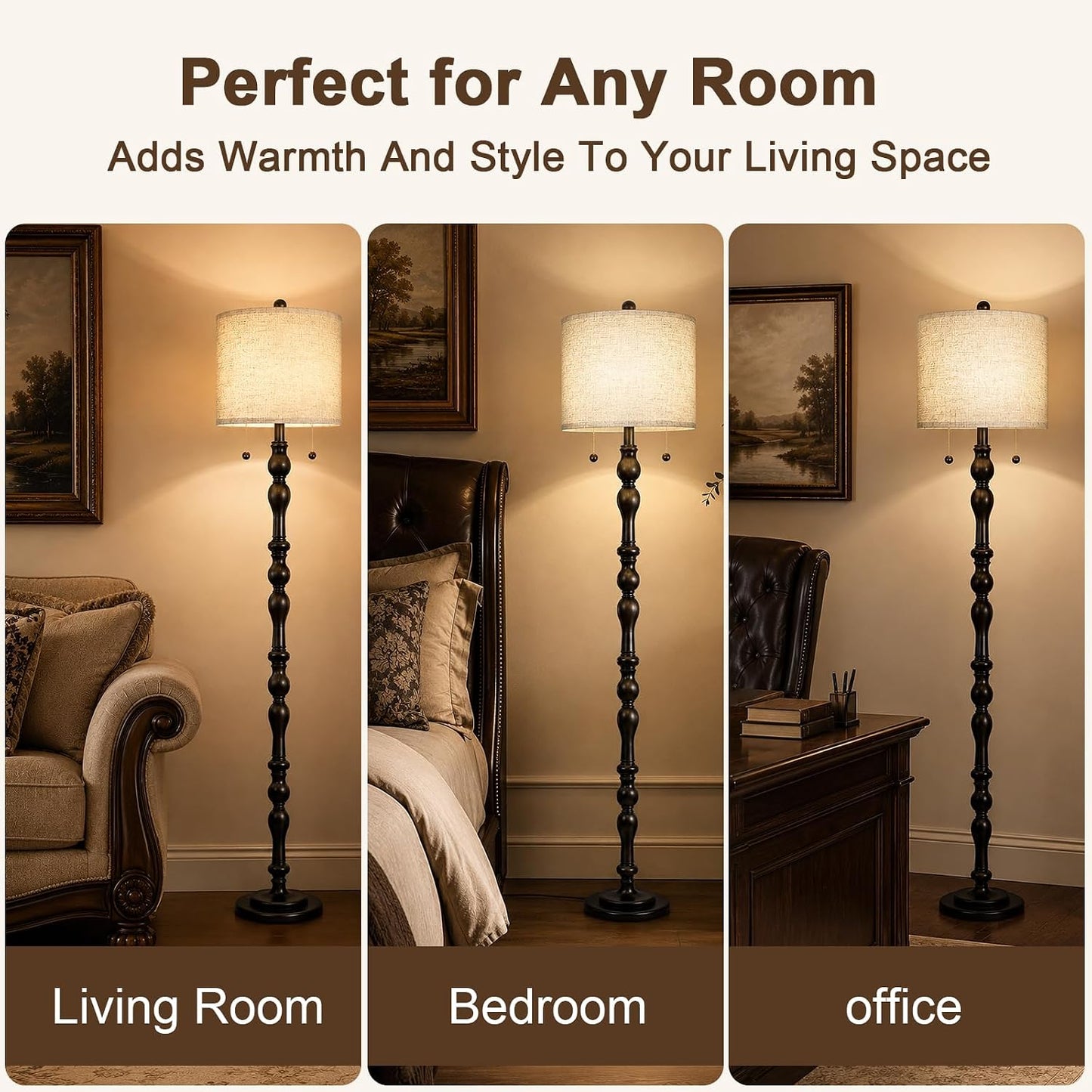 Scenekoy 65.5" Retro Farmhouse Real Wood Floor Lamp for Living Room Office | Dual Pull Chains Switch, Linen Shade, LED Bulb Included, Solid Wood Base, Dark Gray Rustic Standing Lamp, Bedroom Tall Lamp