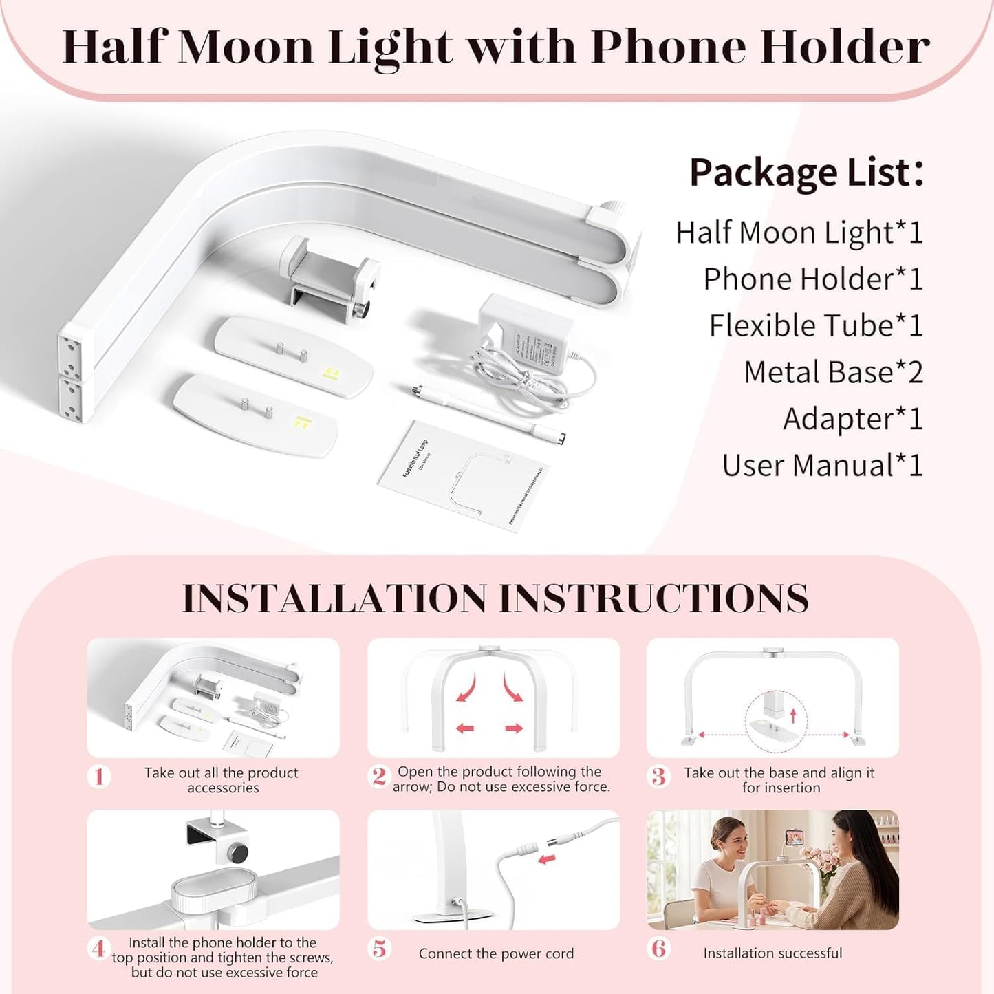 Half Moon Light for Nail Desk: 180 ° Shadow-Free Arc Light For Manicurist | 29" Foldable Half Moon Desk Lamp With Phone Holder - 3 Color Mode & 10 Brightness - Provide a Bright Work Area For Nail Tech
