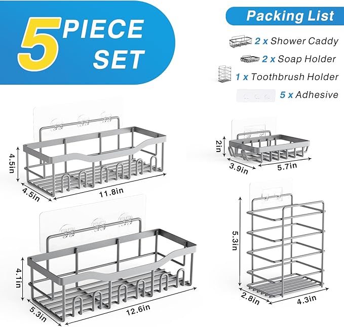 EUDELE 5-Pack Rustproof Stainless Steel Shower Caddy – No Drill Adhesive - Image 7