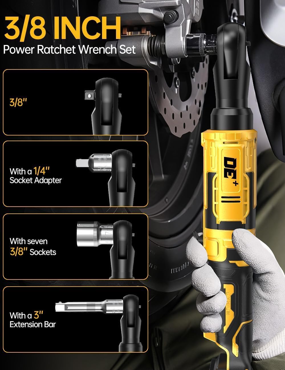 3/8 Inch Electric Ratchet Wrench Set for DEWALT 20V Battery, 88Ft-Lbs, 0-550RPM, Cordless Ratchet Wrench w/Variable Speed, Brushless Motor, Reinforced Head, R&F Switch, 7 Sockets,3/8" to 1/4" Adapter