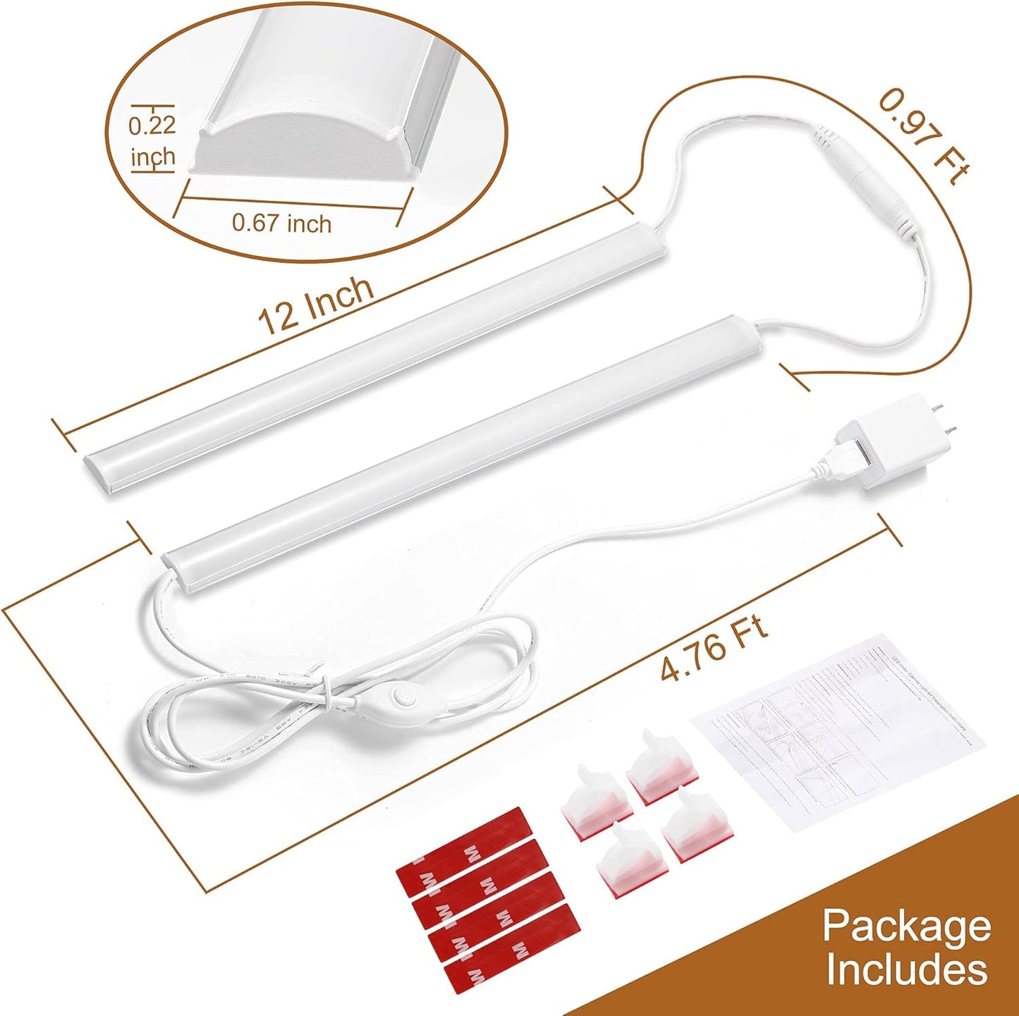 Plug-in Under Cabinet Lighting, 2pcs 12 Inch Dimmable Closet Light, Cold White 6000K Linkable USB LED Light Bar, Memory Function, Under Counter Lights for Kitchen, Desk, Workspace
