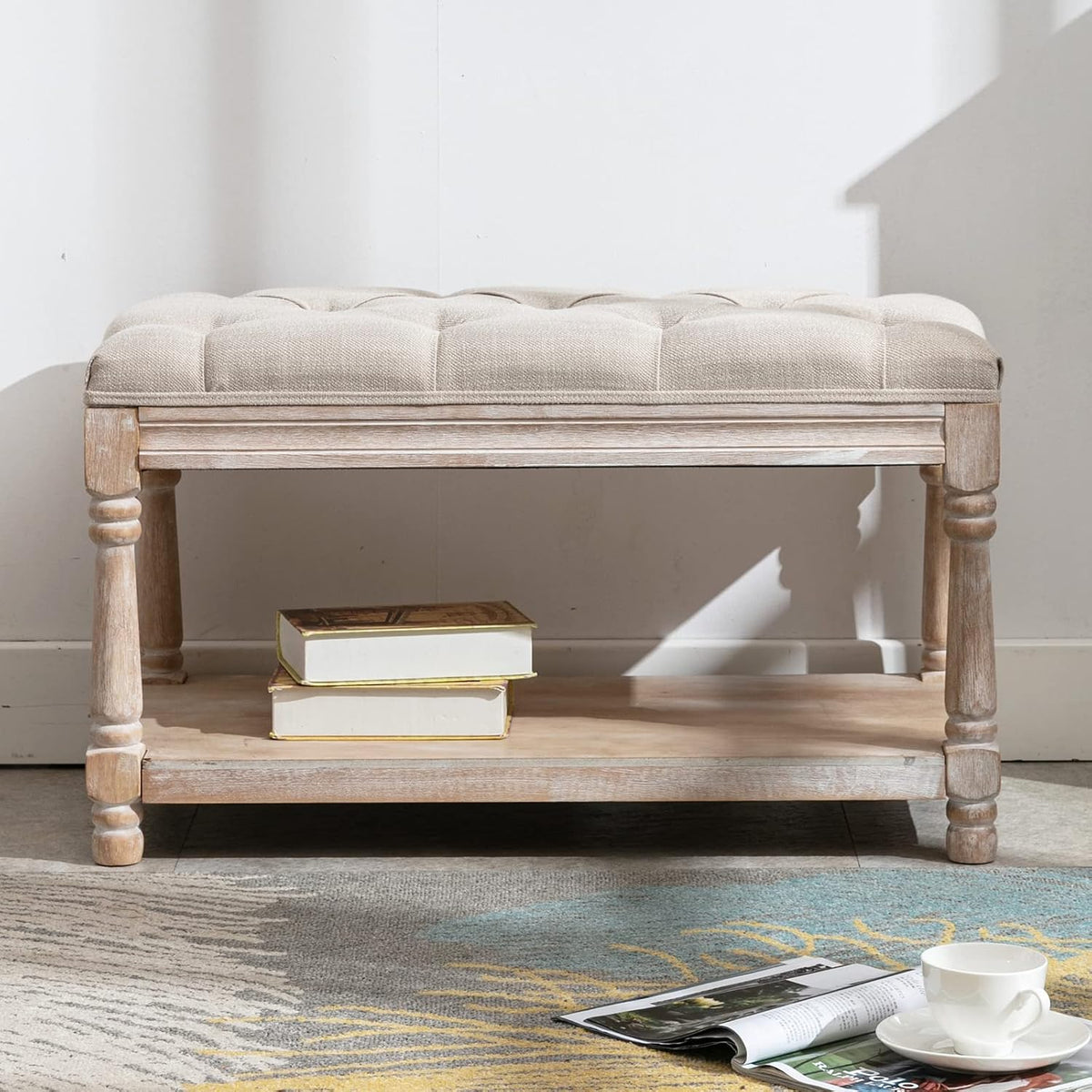 farmhouse storage bench wooden entryway linen upholstered ottoman, main product view