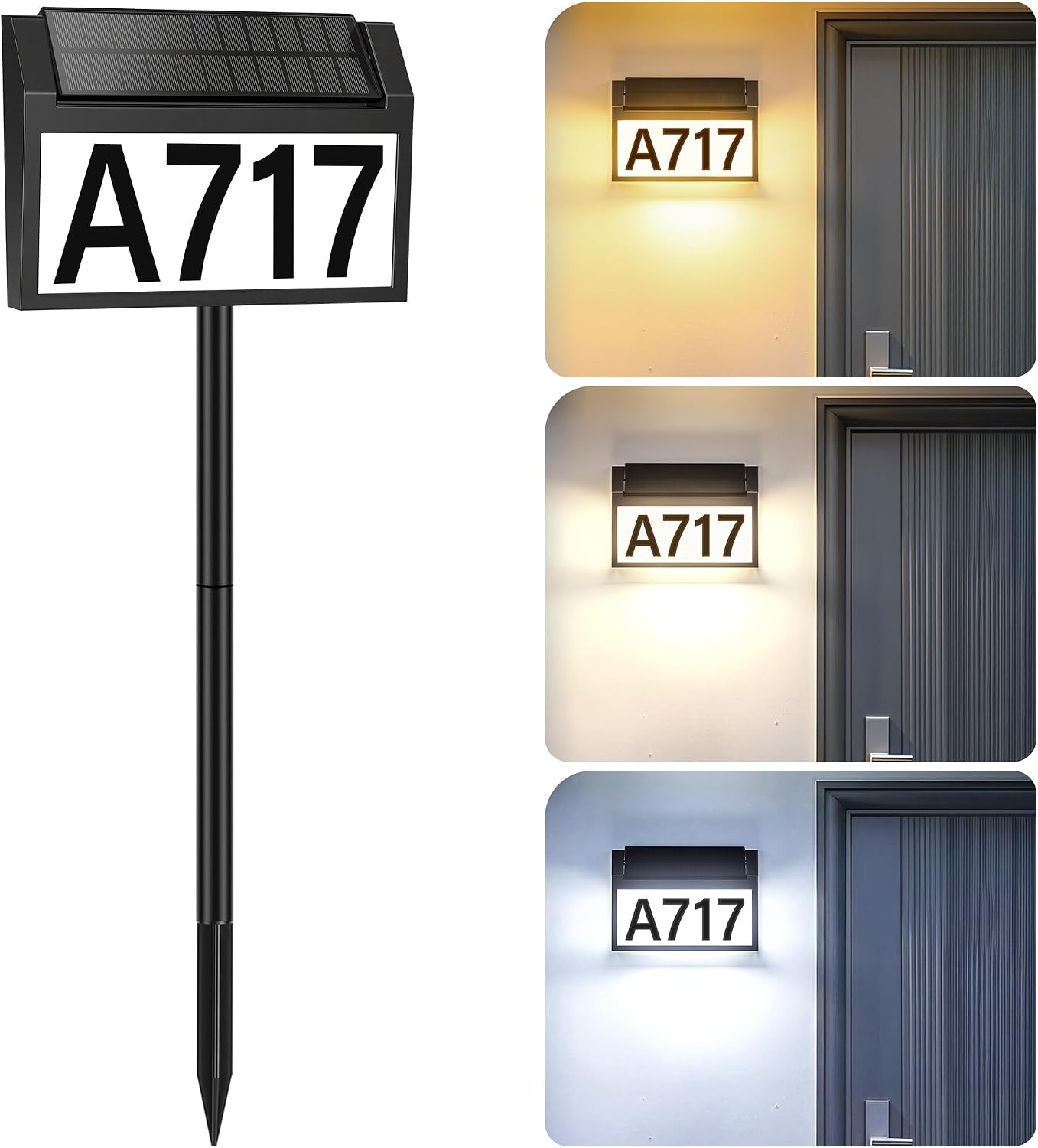 Solar Address Sign, 3 Modes House Number Sign with Adjustable Panel | LED Lighted Address Numbers, Wall Mounted & In Ground, Waterproof, DIYable Address Plaque with Stake for Yard House Garden