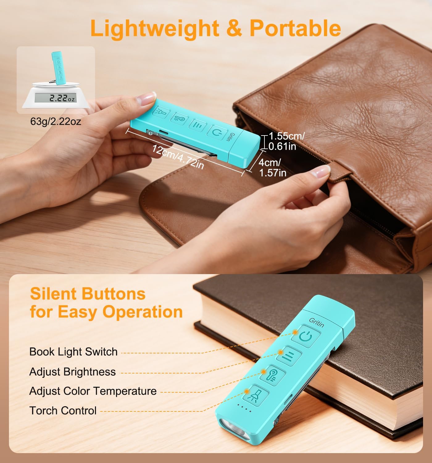 Gritin 2026 Gen 2 Rechargeable Book Light,2-in-1 Reading Light & Flashlight | Eye Caring 6 Color Temps,6-Level Dimmable Brightness,160 Hrs+ Runtime,Compact Size Portable Clip-on Book Lamp for Book Lovers