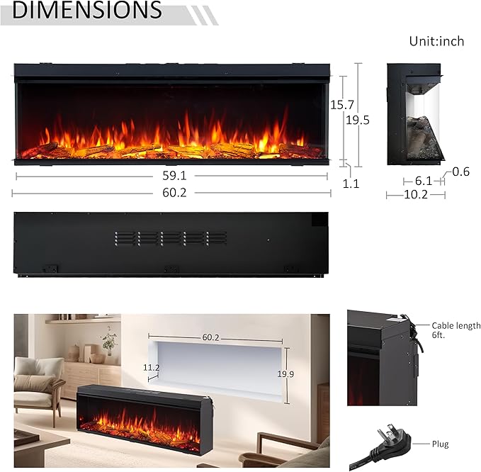 Legend Flame 59" W Smart Build in Electric Fireplace Insert, 1-2-3 Sided View - Image 6