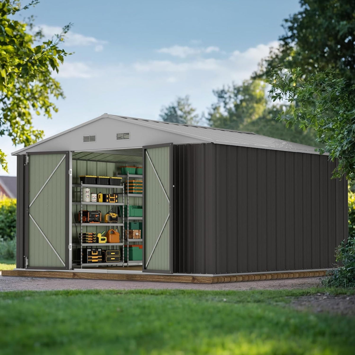 jummico 10x10 ft outdoor storage shed, grey, main product view