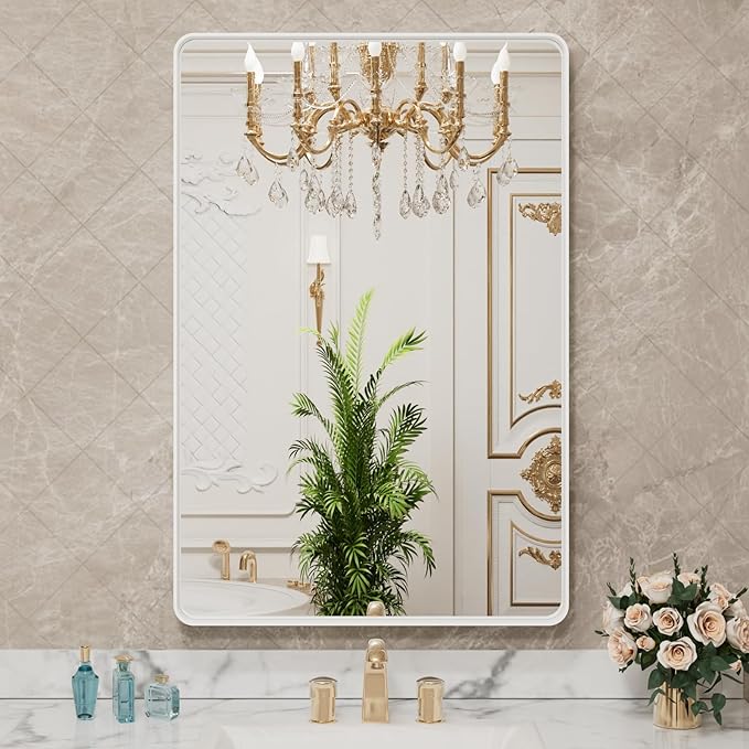 LOAAO 28x36 Inch White Metal Framed Bathroom Mirror - Image 7