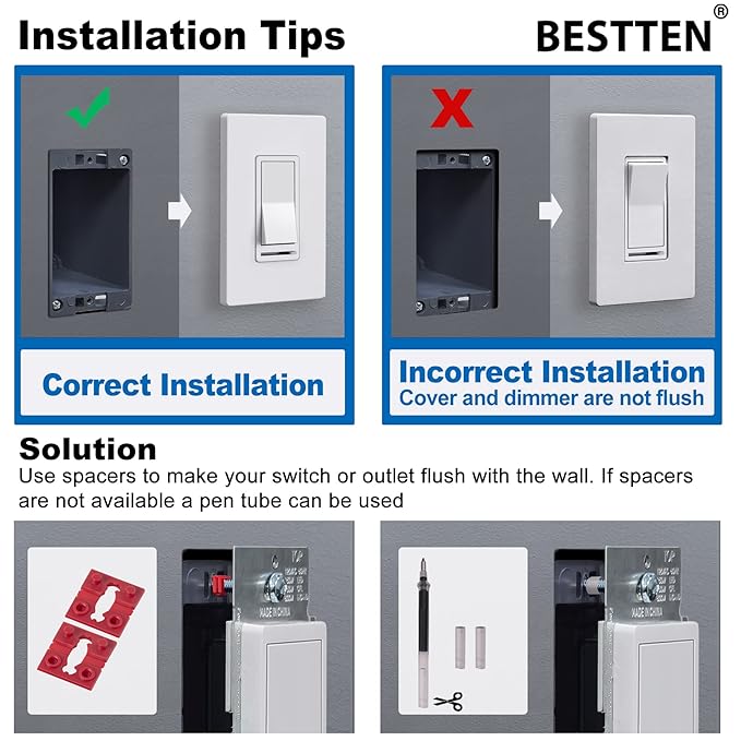 BESTTEN 10 Pack Almond Dimmer Light Switch, 3 Way or Single Pole Dimmer Switches - Image 9