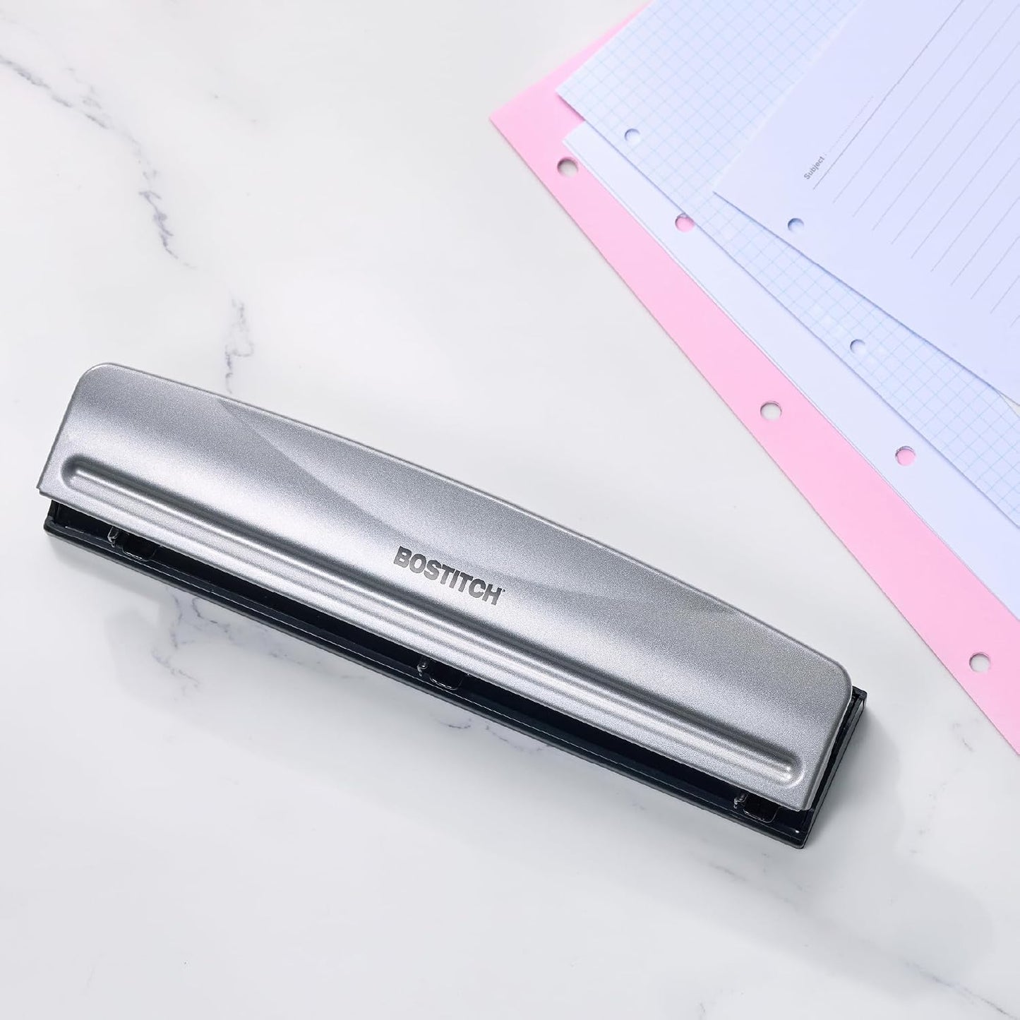 Bostitch Office Premium 3 Hole Punch, 15 Sheet Capacity, Metal, Rubber Base, Easy-Clean Tray, Silver, 2-Pack