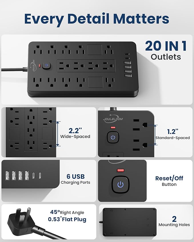 JouleLoom Surge Protector Power Strip-14 Outlets and 6 USB Ports, 6 Feet Flat - Image 7