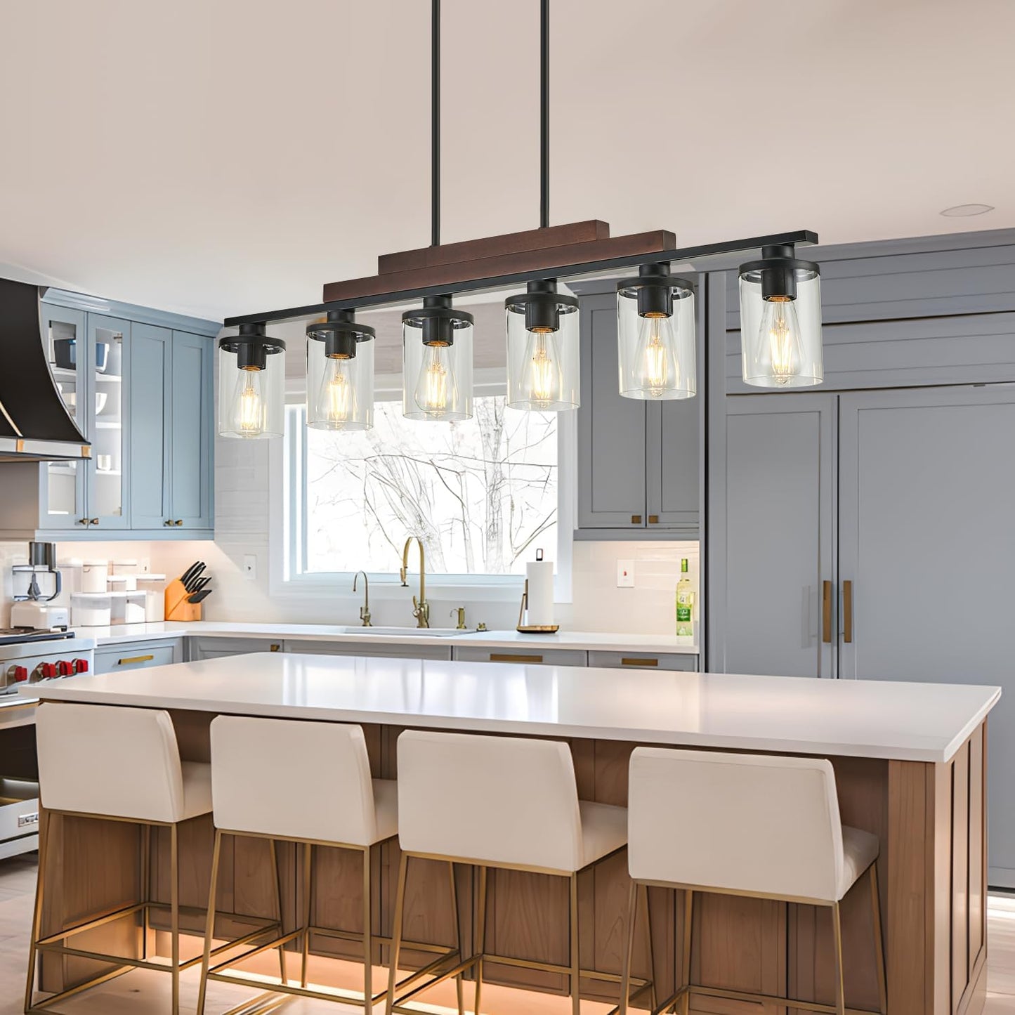 Farmhouse Chandelier 6-Light Dining Room Light Fixture Over Table Kitchen Island Lighting Rustic Chandeliers for Dining Light with Glass Shade Wood Pendant Lights Kitchen Island