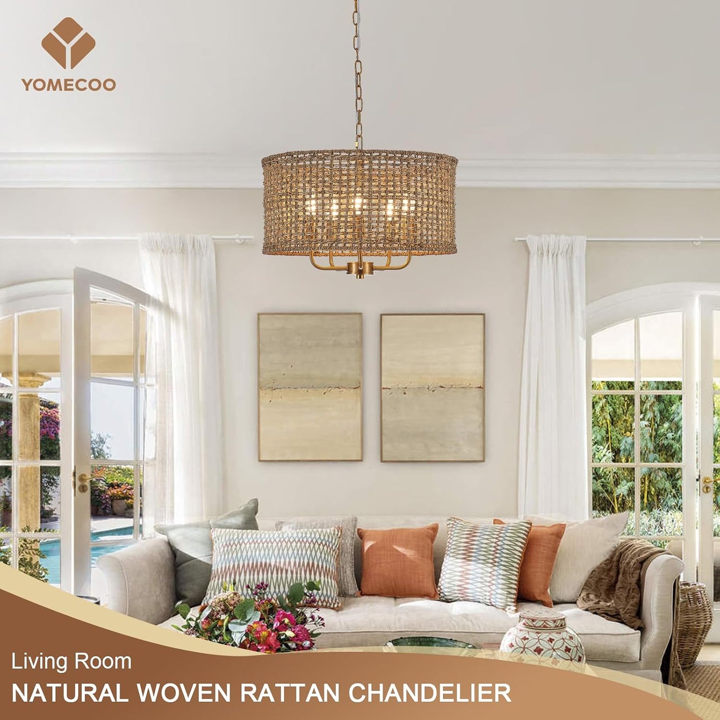19.7" Gold Rattan Chandelier, 5-Light Boho Wicker Light Fixture | Hand-Woven Rattan Pendant Light; Adjustable Chain; Farmhouse Basket Drum Chandeliers for Dining Room, Kitchen Island, Bedroom