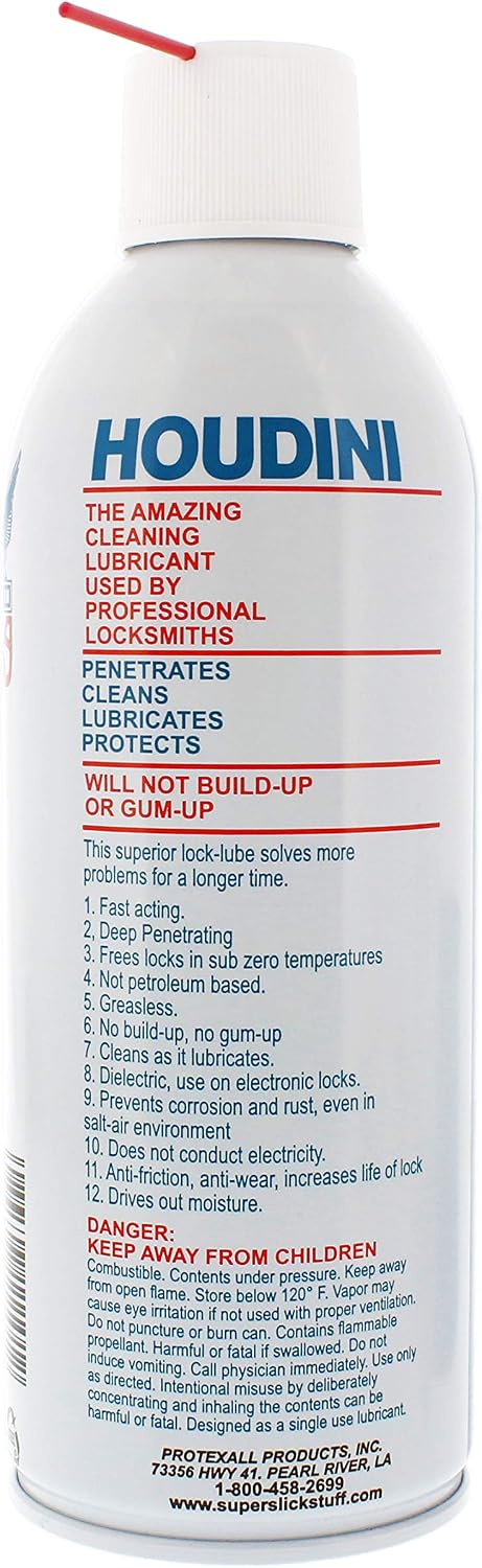 Houdini Lock Lube Professional Lock Lubricant Spray, 11 oz - Greaseless, Graphite-Free, Dielectric Cleaner & Protectant for Door Locks, Hinges, Latches & Electronics - Anti-Rust Formula