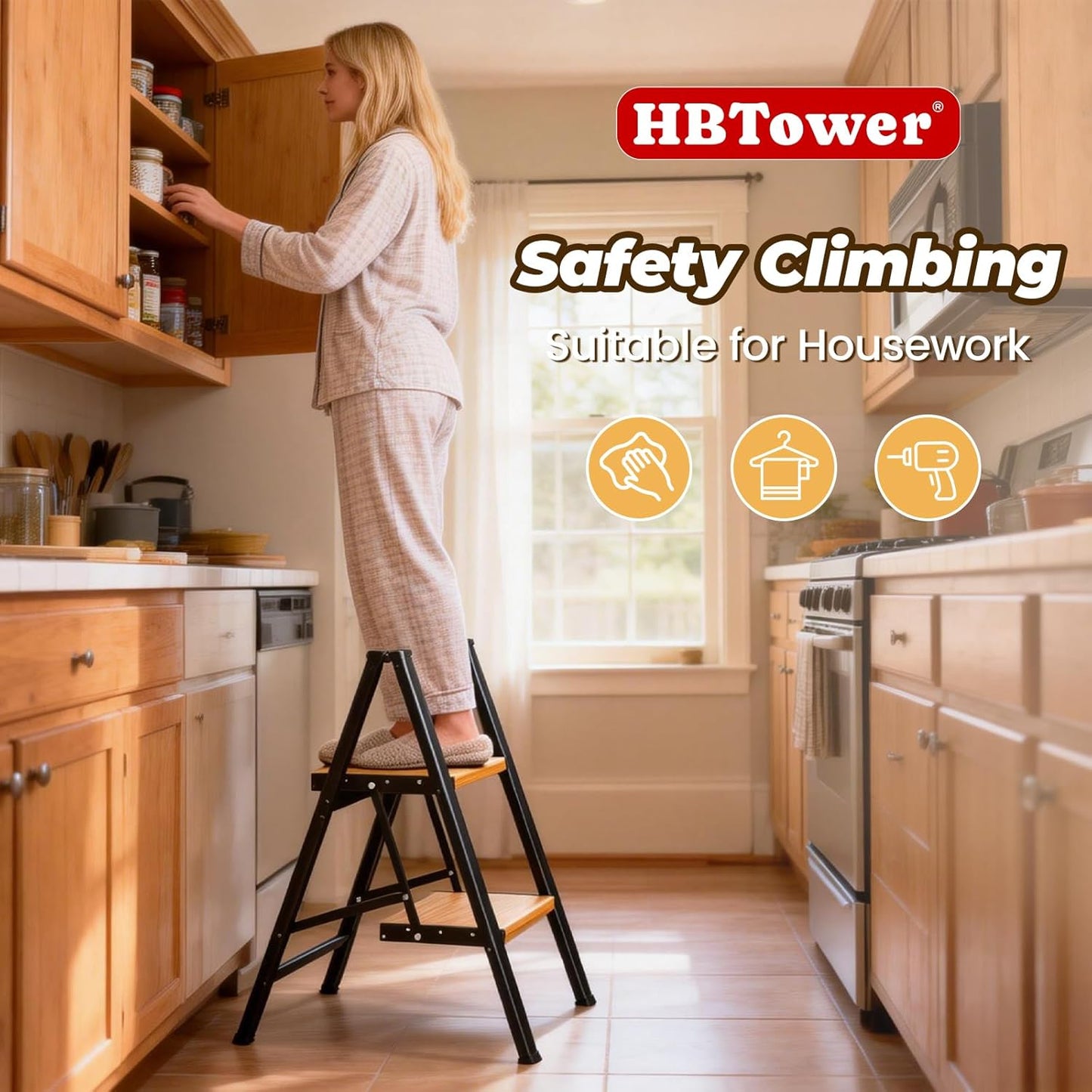 HBTower Step Ladder, Lightweight Aluminum Folding Step Stool | Anti-Slip Wide Pedal, 330lbs Capacity Step Ladder for Household Kitchen Office, BlackWoodgrain