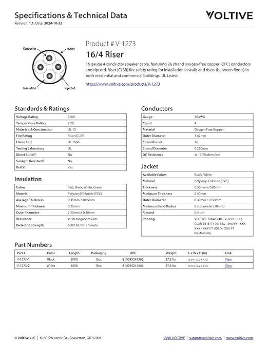 Voltive 16/4 Speaker Wire, Riser CL3R, 500ft - Image 6