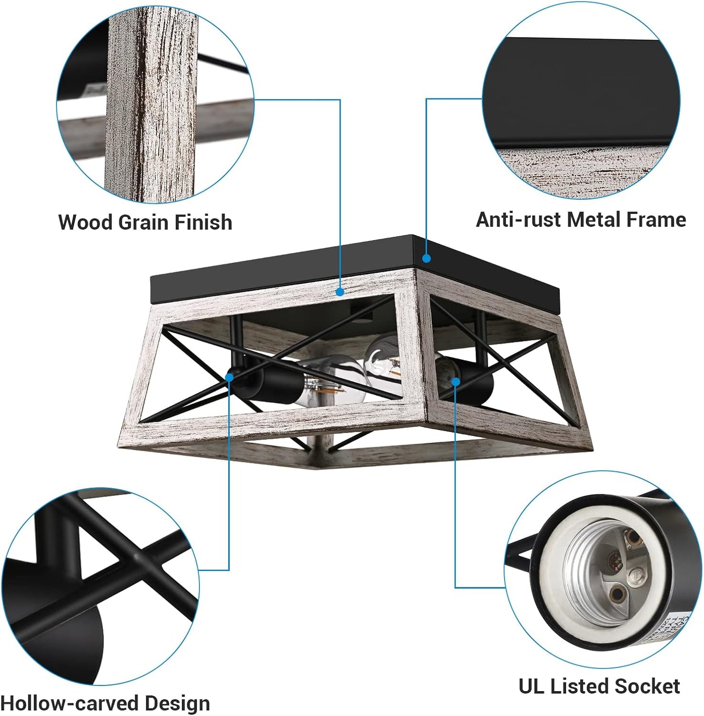 DEWENWILS Farmhouse Flush Mount Ceiling Light, Metal Light Fixture with Wood Grain Finish, 2-Lights Hallway Light Fixture Ceiling Mount for Entryway, Foyer, Dining Room | 2-Lights, Hardwired, E26 Base, Open-Caged, Metal Fixture for Kitchen, Hallway