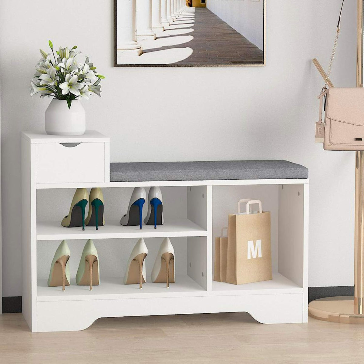 leyo shoe storage benches with cushion seating white, main product view