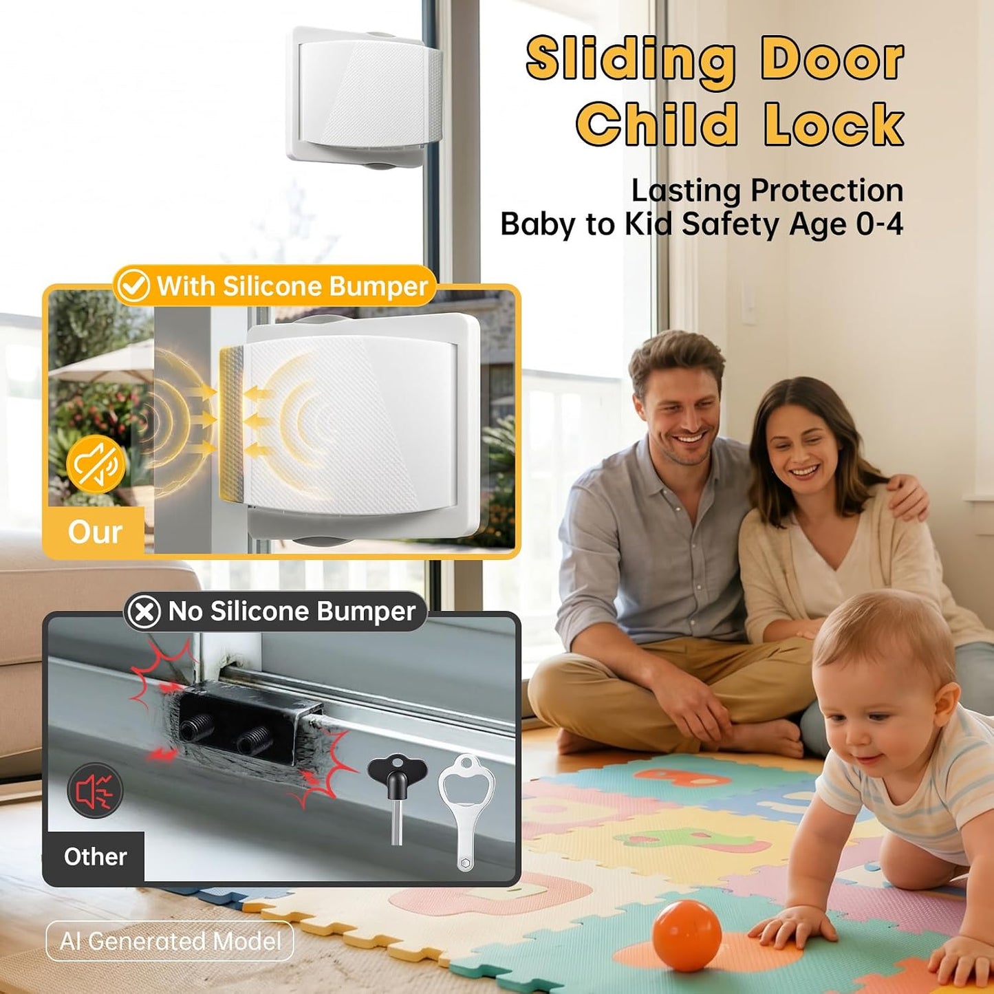 Sliding Glass Door Lock for Child: Patio Protect Toddlers(0-4) Adhesive | No Drill Adhesive 500Home Tested Glass Safety for Balcony & Sliding Door