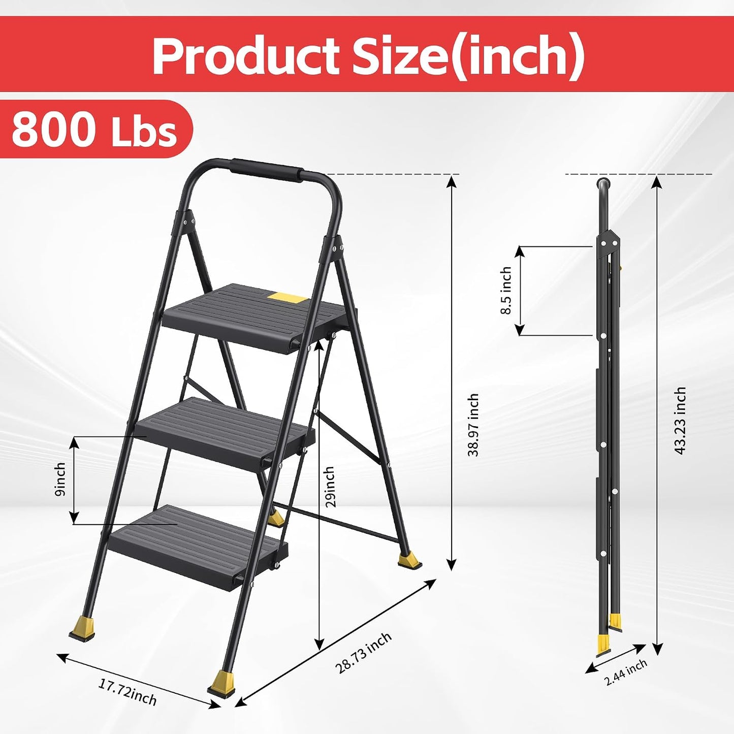 3 Step Foldable Step Ladder with Handrails for Home Adults, Iron, Black, Tall Extension Heavy Duty 800 lbs Stool for Indoor Kitchen & Closet