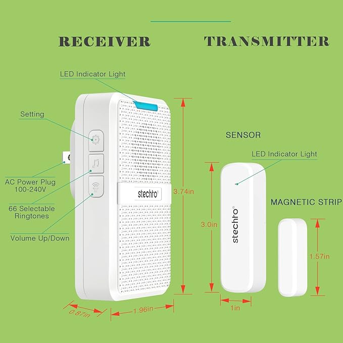 Door Chime, Wireless 600Ft Range 5 Adjustable Volume 1 Magnetic Door Open - Image 7