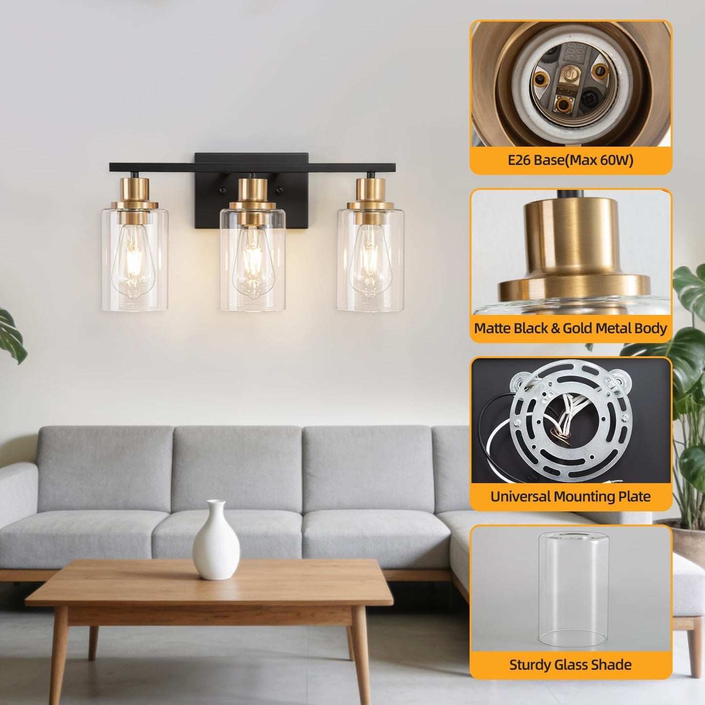 3 Light Bathroom Wall Light Fixture Vanity Wall Lights Over Mirror | Wall Sconce Lighting with Clear Glass Shades, Modern Wall Lights Wall Lamp for Mirror, Hallway Kitchen Bedroom Cabinet