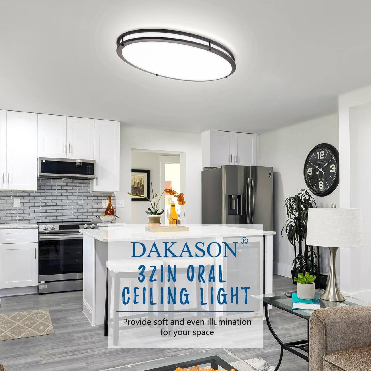 32In Oval LED Flush Mount Ceiling Light for Kitchen, 50W Large LED Ceiling Light Fixture for Living Room, 3000K/4000K/5000K Adjustable, Dimmable Ceiling Lighting for Dining Room/Laundry, ORB