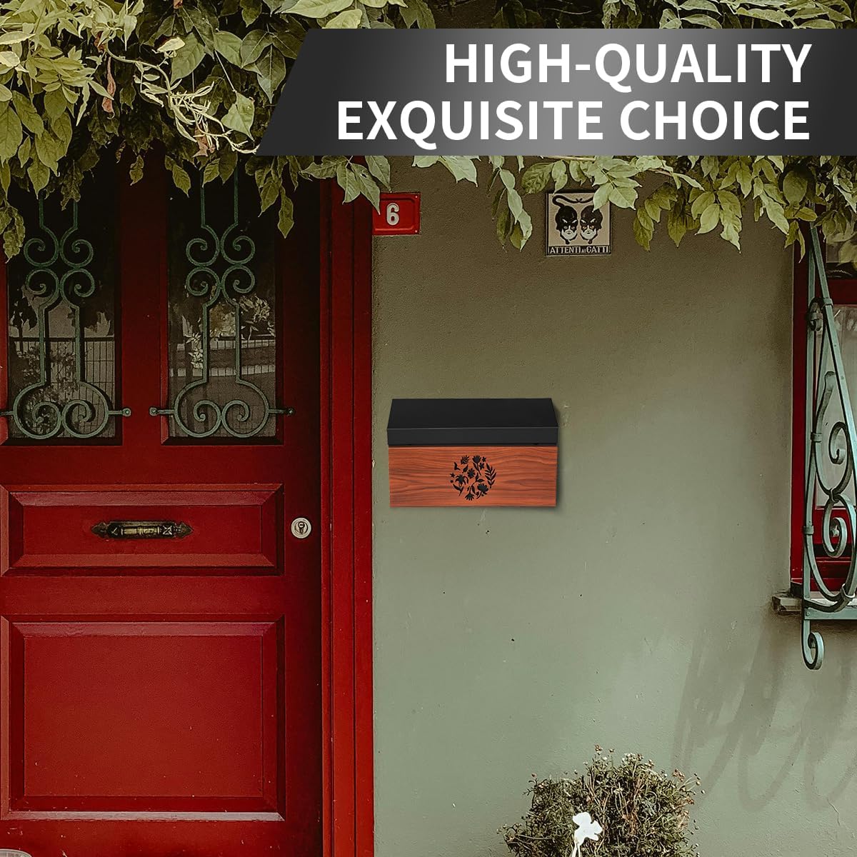 Ydocabinit Wall Mount Mailbox, Large Capacity Mailbox for House Outside with Flag Kit Galvanized Steel Rust-Proof Metal Post Drop Box, 15.74"×9.84"×4.33" Flower Hollowed Wooden Patterned Metal Sheet