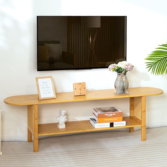 HollyHOME Bamboo TV Stand with Storage - Image 9