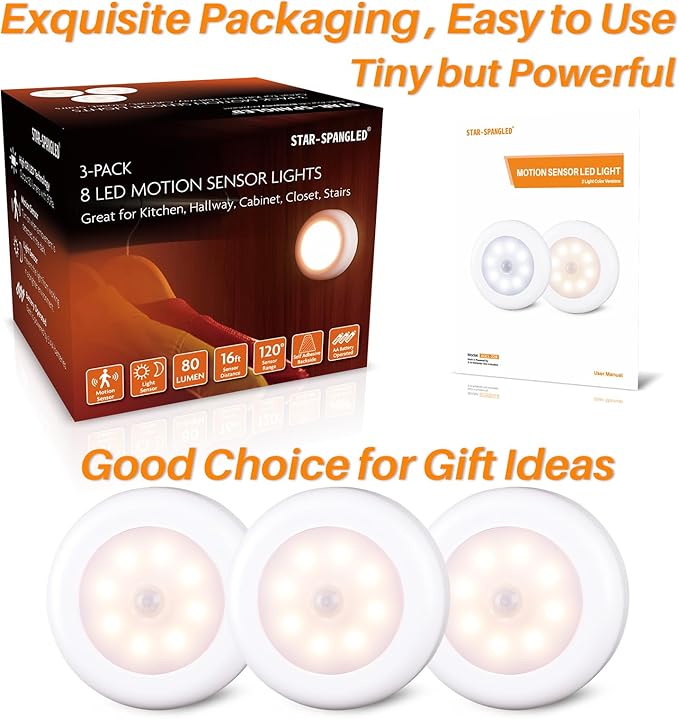 STAR-SPANGLED 3 Pack 3.1” Motion Sensor Lights Indoor AA Battery Operated - Image 8