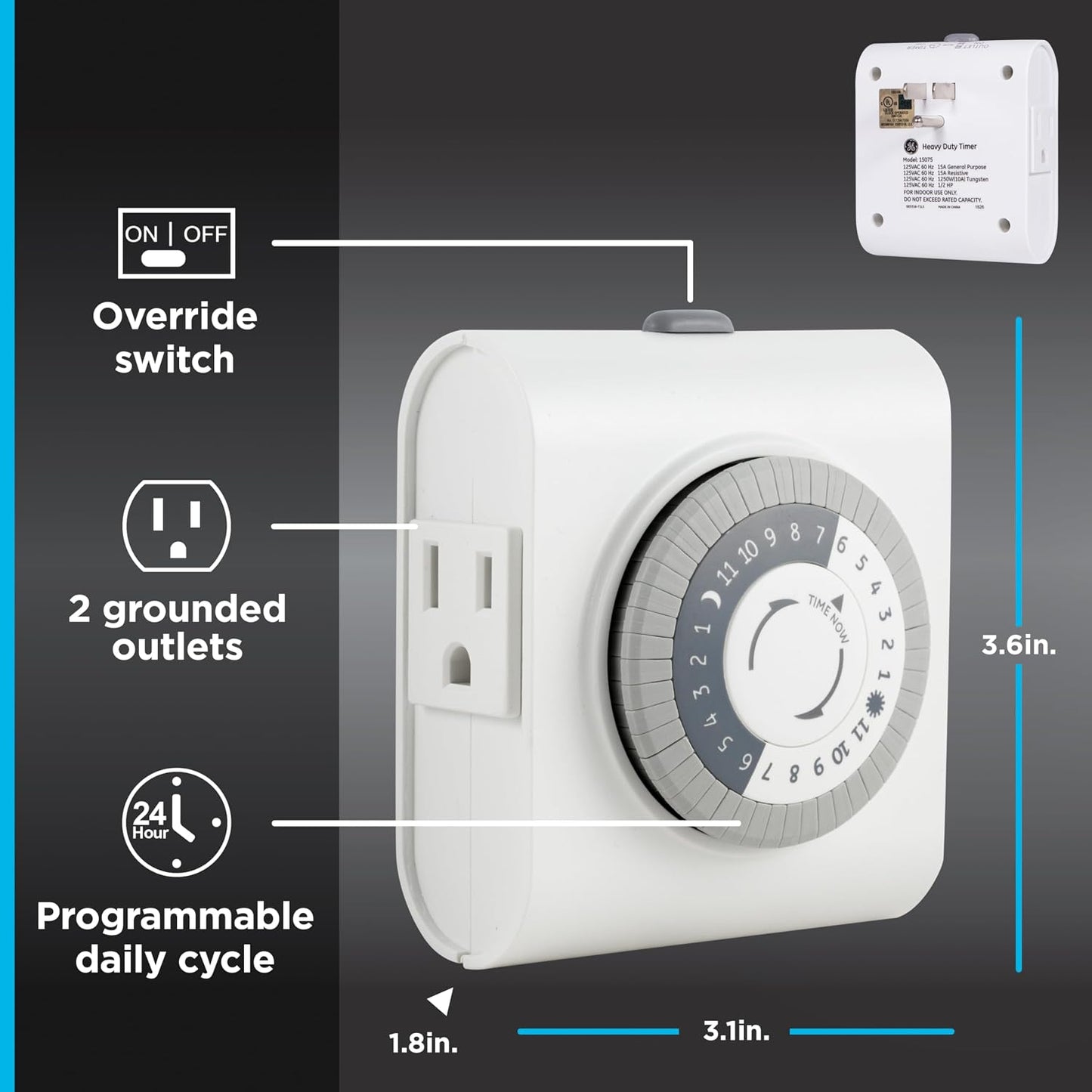 GE 24‑Hour Plug-in Mechanical Timer Outlet, 2 Grounded Outlets, 2 Pack | Plug-in Control for Indoor Lighting, Lamps, Christmas Trees, Manual Override Switch, 30-Minute Intervals