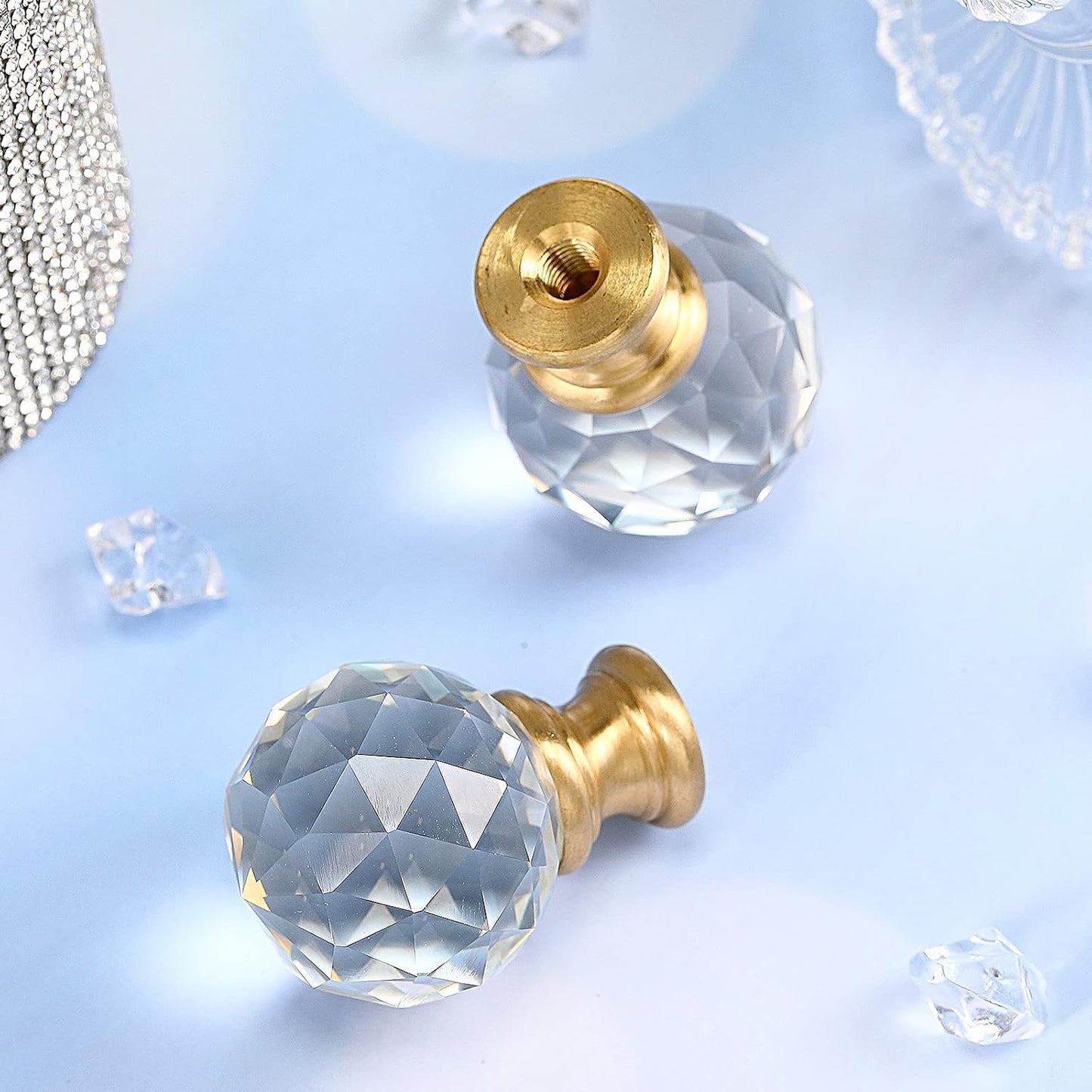 Mudder 2 Pcs Crystal Lamp Finial Diamond Knob 1-3/4 Inches,Gold Base | Decorative Finials for Lamp Shades, Faceted Crystal Knobs with Threaded Screw Cap, Fits Table and Floor Lighting Fixtures