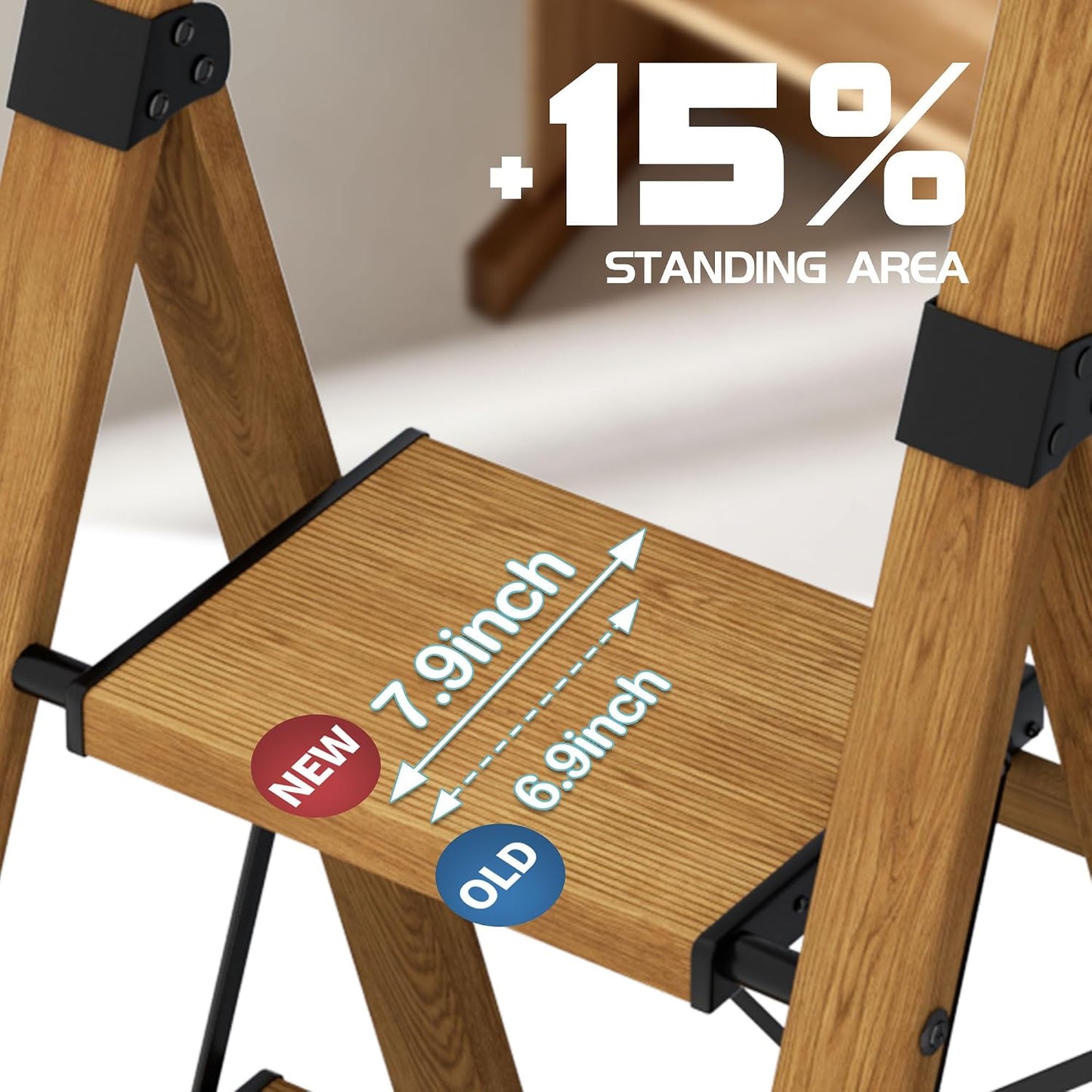 4 Step Ladder,Lightweight Folding Step Stool with Aluminum Wide Pedal& Convenient Handgrip,330lbs Capacity Steel Ladder for Household and Office(Woodgrain) | Step ladder with handrail & folding anti-slip steps, 330 lbs for home,kitchen,office,outdoor,Gold