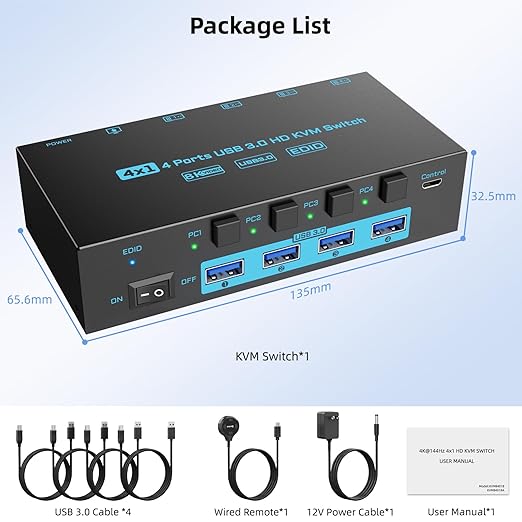 8K HDMI 2.1 KVM Switch 4 Computers 4 Port USB 3.0 8K@60Hz/4K@144Hz 4 In 1 Out - Image 12