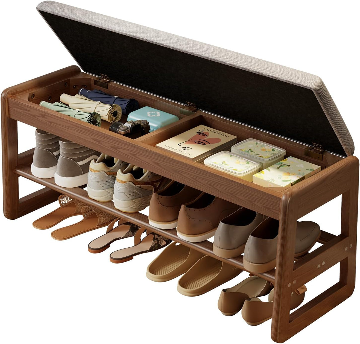 aqimuele shoe bench with storage, wooden 2 tiers, main product view