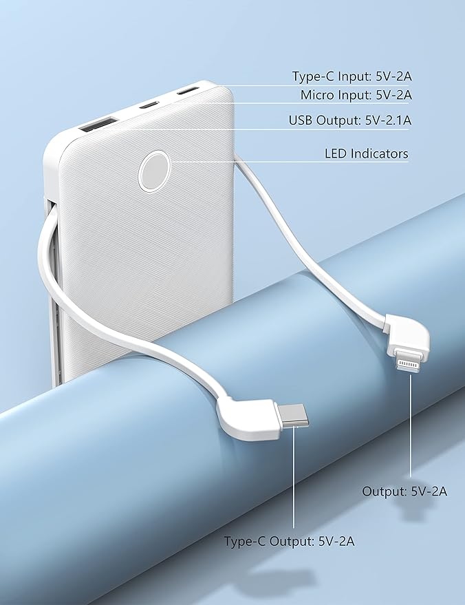 6000mah Ultra Slim Built in Cables Power Bank, Card Size Built in USB C Cords - Image 9