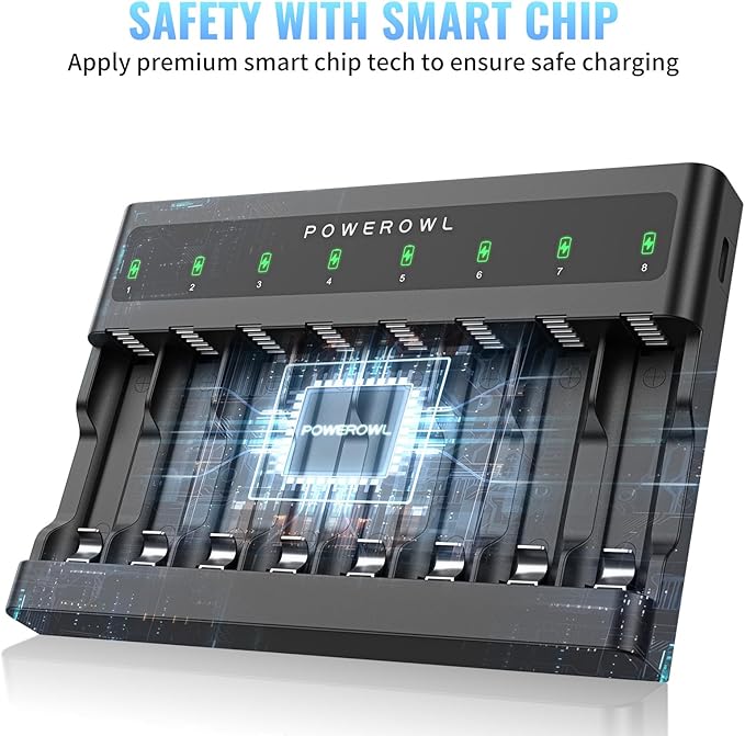 POWEROWL AA AAA Battery Charger 8 Bay, Independent Slot, USB Fast Charging - Image 7
