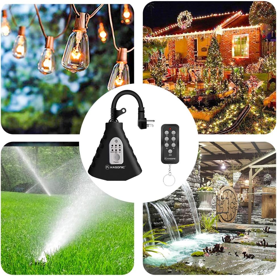 KASONIC Outdoor Light Timer, Waterproof Plug in Sensor Outlet Timer Switch | 100 ft Range Remote Control, 3 Grounded Electrical Outlets for Home Garden, ELT Listed
