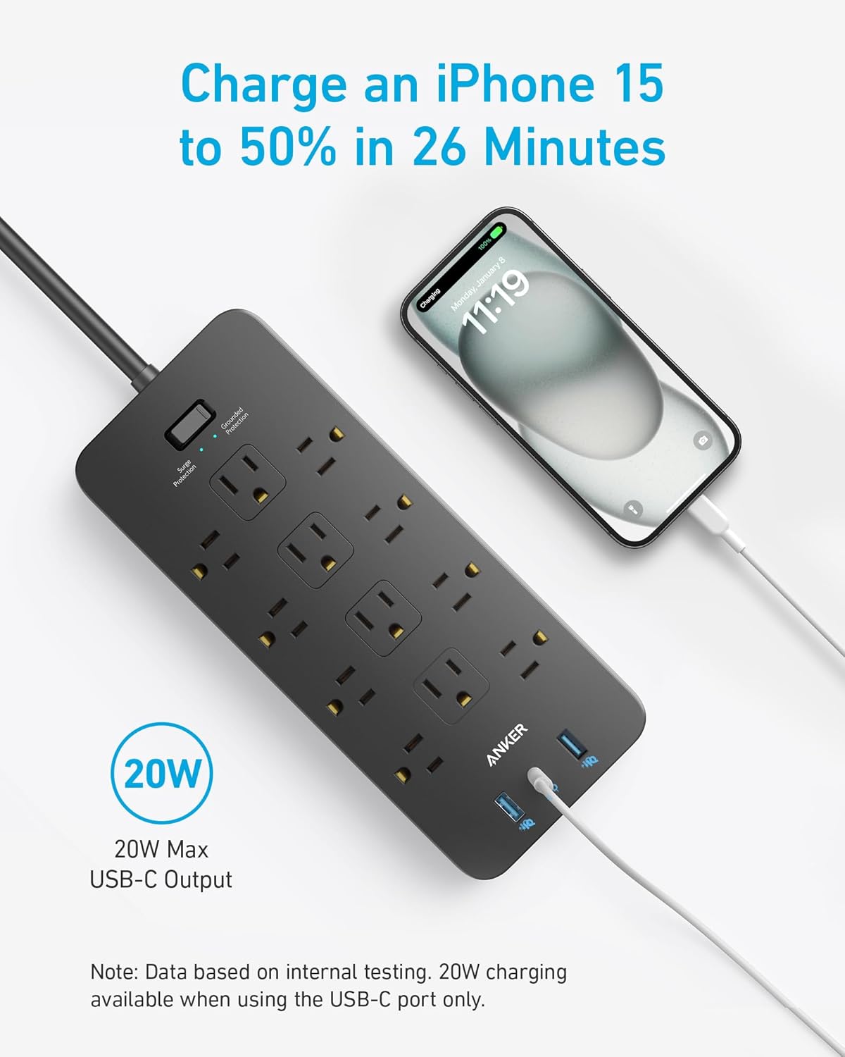 Anker Power Strip with 2100J Surge Protector, Outlet Extender, 20W, 12 AC | 5ft Extension Cord with Multiple Outlets, 1 USB C, 2 USB A, Home Office, Dorm Room Essentials, TUV Listed