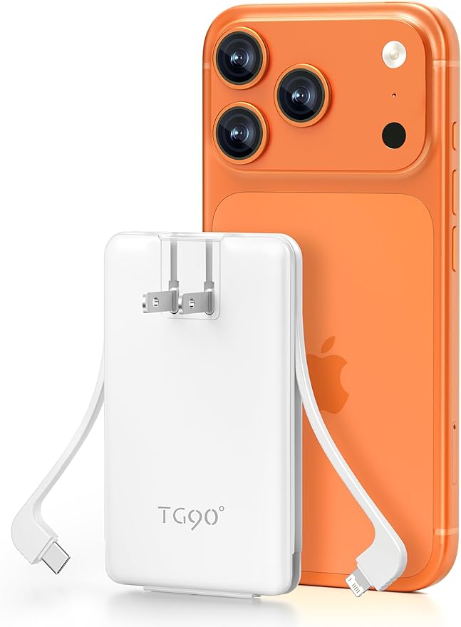 TG90° 5000mAh Small Portable Charger Built in AC Wall Plug and Cables, Card - Image 9