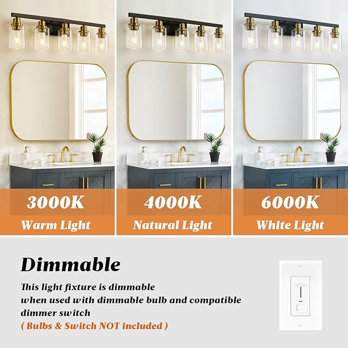 DIKAIDA 5-Light Black and Gold Bathroom Vanity Light, Bathroom Light Fixtures - Image 7