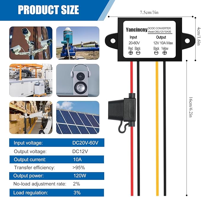 Yancincny DC 20V-60V to 12V Buck Converter 10A 120W Golf Cart 24V 36V 48V 60V - Image 7