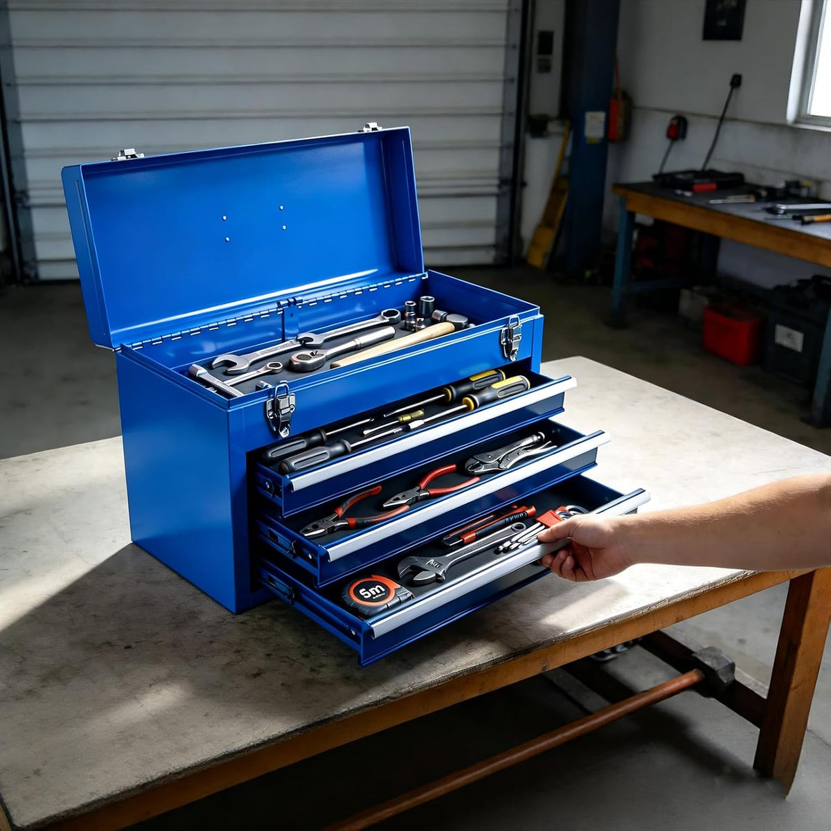 big red metal tool box, 20.5-inch, portable metal, package contents